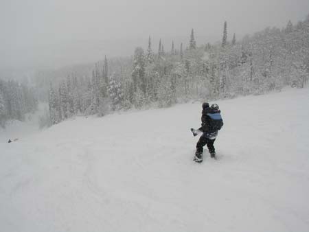 SkiTrip2004BM_TammySnowboardingWithSydneyOnBack